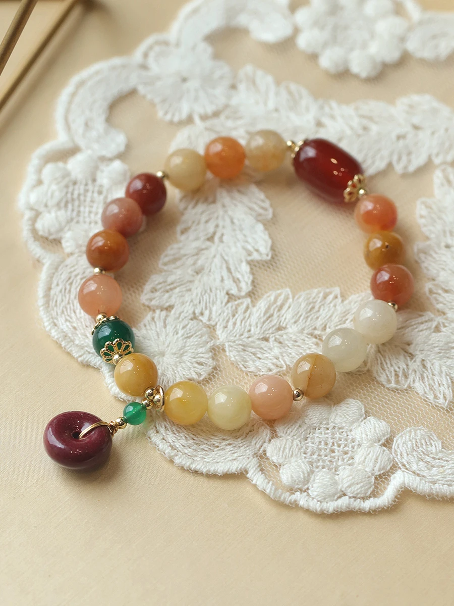 Cinnabar Safe Button Gold Jewelry Jade Agate Gourd Peanut Crystal Bracelet Retro  Chinese Beaded Girlfriend Chinese Style Gift