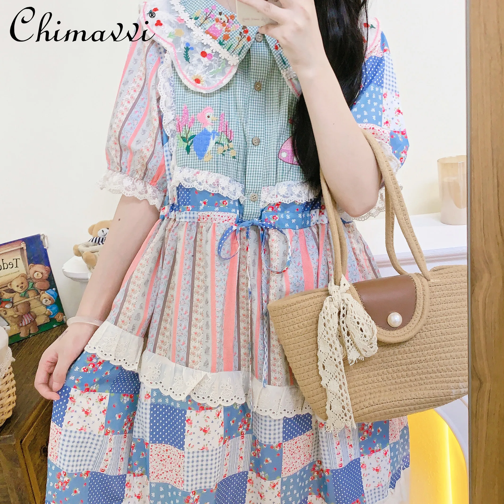 

Japanese-Style Retro Blue Floral Patchwork Plaid Dress Fashion Petals Large Lapel Short Sleeve Dress Pastoral Girl's Long Dress