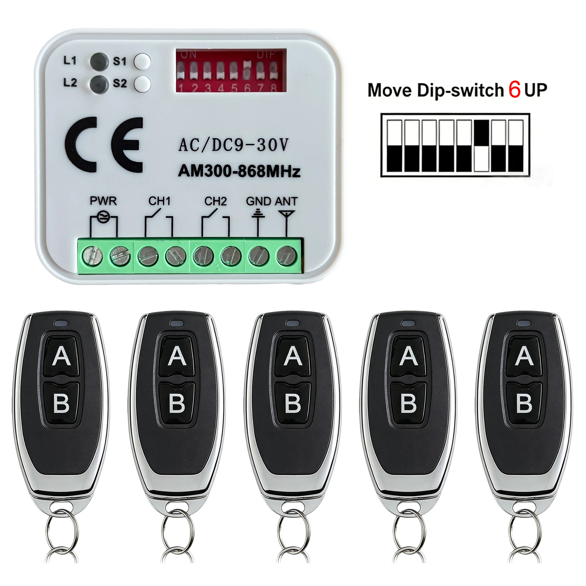 300-868MHz Multi-frequency Switch Module 2-Channel 433MHz 868MHz Garage Door Remote Control Receiver & 433.92MHz Transmitter