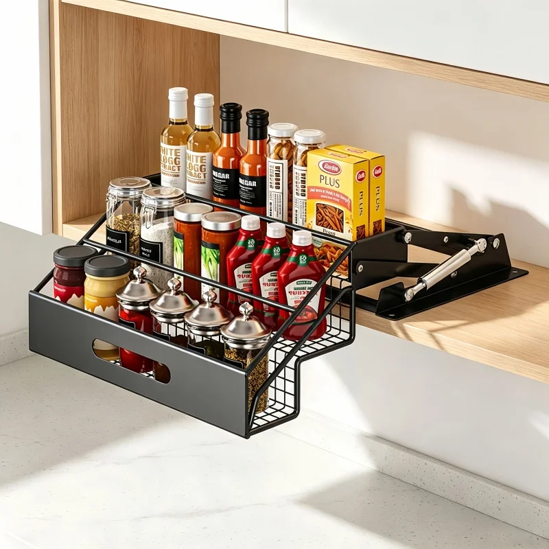 3 Tier Pull Down Spice Rack for Cabinet Hydraulic Damping Lift Organizer Retractable Kitchen Storage Shelf Keep Tidy Space Saver
