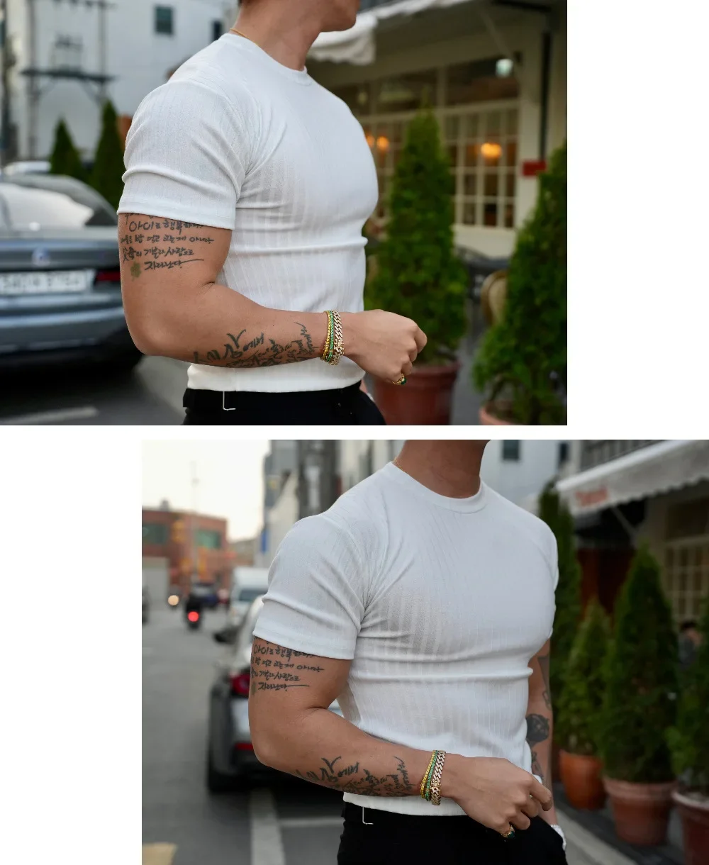 INS Fashion Muscle Fitness Men's Summer Sports Fitness Leisure Round Neck Elastic Short Sleeve Vertical Stripe T-shirt