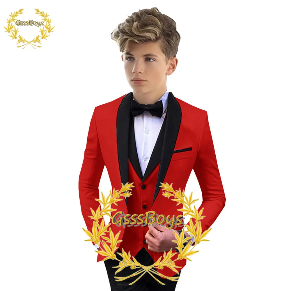 

Suit for Boys Red Jacket Pants Vest Wedding Tuxedo 3 Piece Kids Blazer Set Party Shawl Collar Clothes