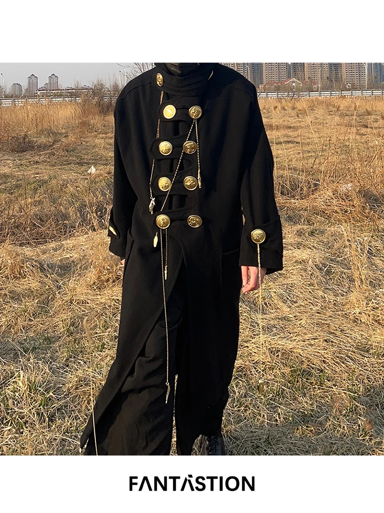 

FANTASTION Original design Thickened woolen coat with large Gold buttons long Coat with hood cover the knees loose tops overcoat