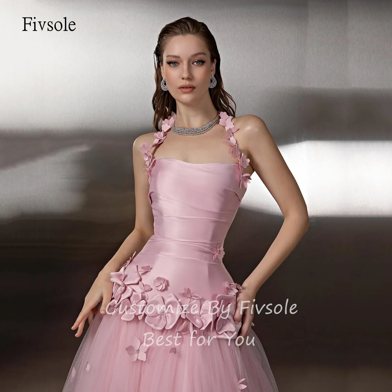 Fivsole أنيقة الوردي الزهور الرسن ألف خط الحفلة الراقصة عارية الذراعين حزب ثوب الطابق طول مساء اللباس مخصص #3