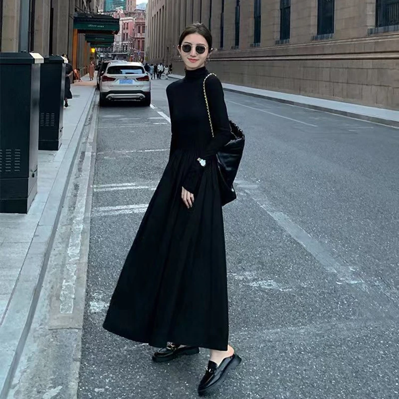 Black Half Turtleneck Dress Women Autumn Elegant Hepburn Style Long Sleeve Midi Dress Y2K Solid All-match Evening Party Vestidos