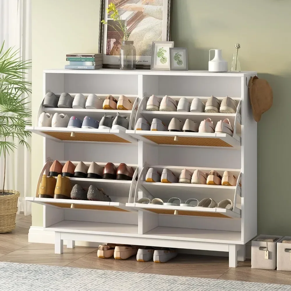 라탄 신발 캐비닛, 4 개의 클램셸 서랍, 모던 2 단 보관함, 독립형 신발거치대, 블랙