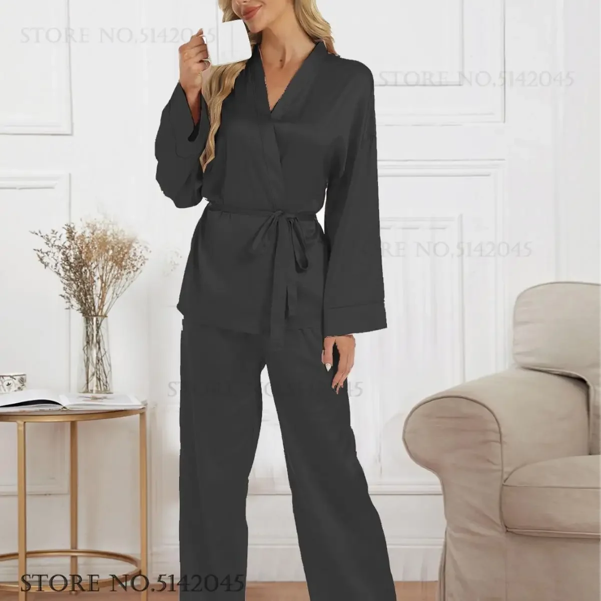 

Black Fashion Women's Sleepwear Pajamas Set Spring New Ice Silk Lounge Wear Long Sleeve Cardigan Trouser Suits Loose Home Wear