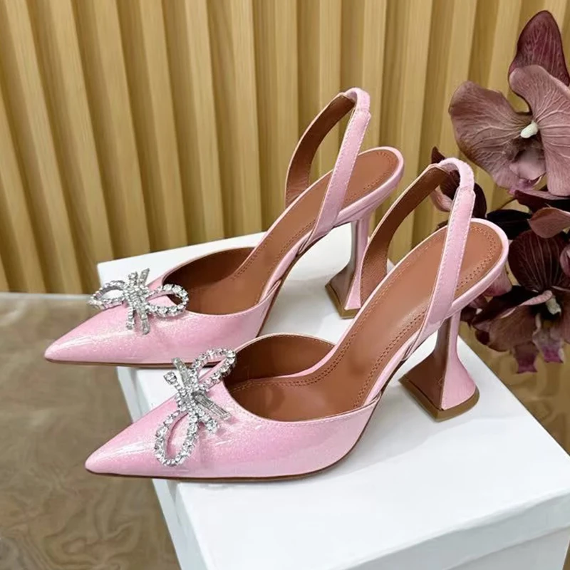 Pointed Toe Cup High Heels Women Bow Shiny Crystal Sandals Patent Leather Back Strap Sandalias Summer Sexy Party Dress Shoes