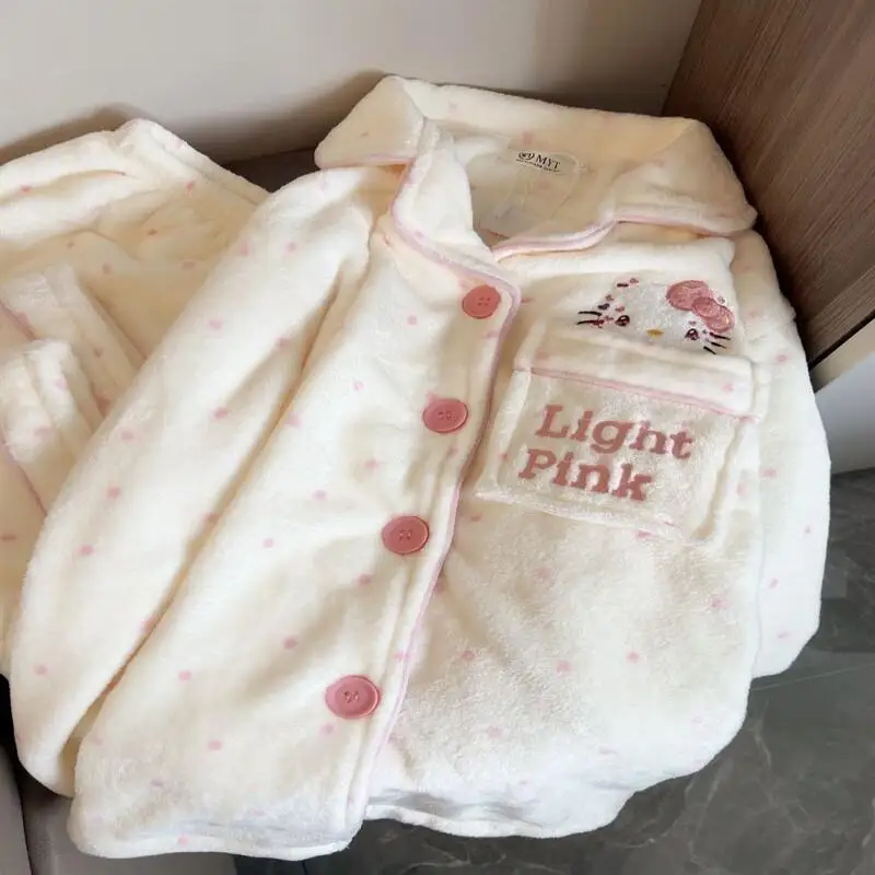 

Sanrio Hello Kitty женский фланелевой пижамный комплект в горошек осень-зима с длинными рукавами на флисовой подкладке утолщенная милая домашняя одежда для сна