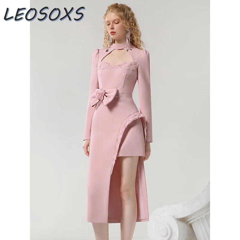 LEOSOXS Designer Style Temperament Elegant Long Dress Women 2024 Autumn Design Sense Irregular Design Hollow Waist Pink Dresses