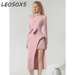 LEOSOXS Designer Style Temperament Elegant Long Dress Women 2024 Autumn Design Sense Irregular Design Hollow Waist Pink Dresses