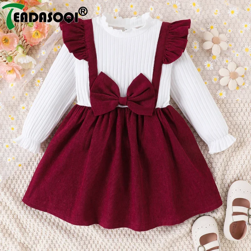 

3-7Y Kids Girl Winter Clothes Christmas Dress Ruffle Long Sleeve Patchwork Bowknot Dress Toddler Children New Year Party Costume