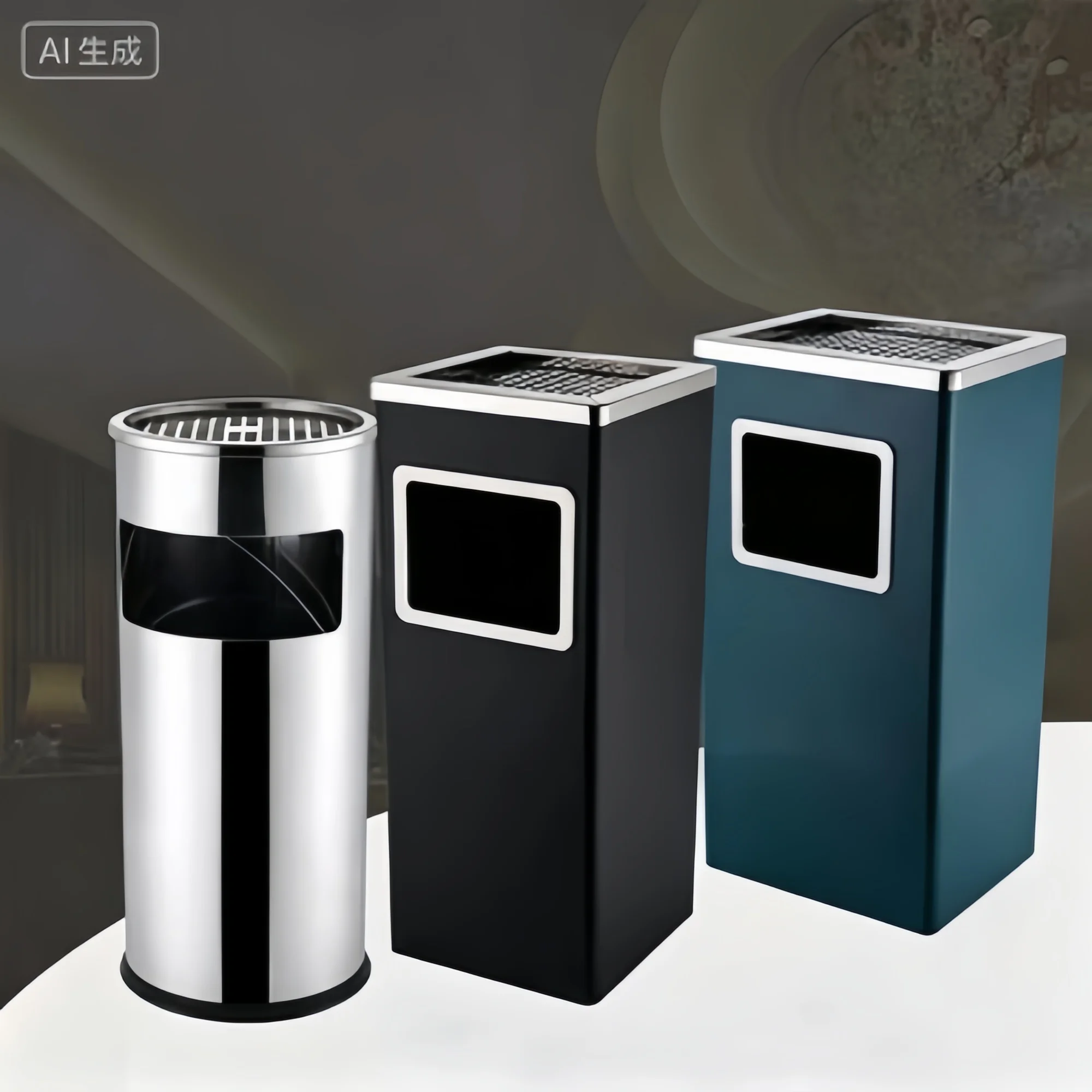Stainless Steel Standing Hotel Lobby Trash Bin With Rolling Cover And Ashtray Top view 2