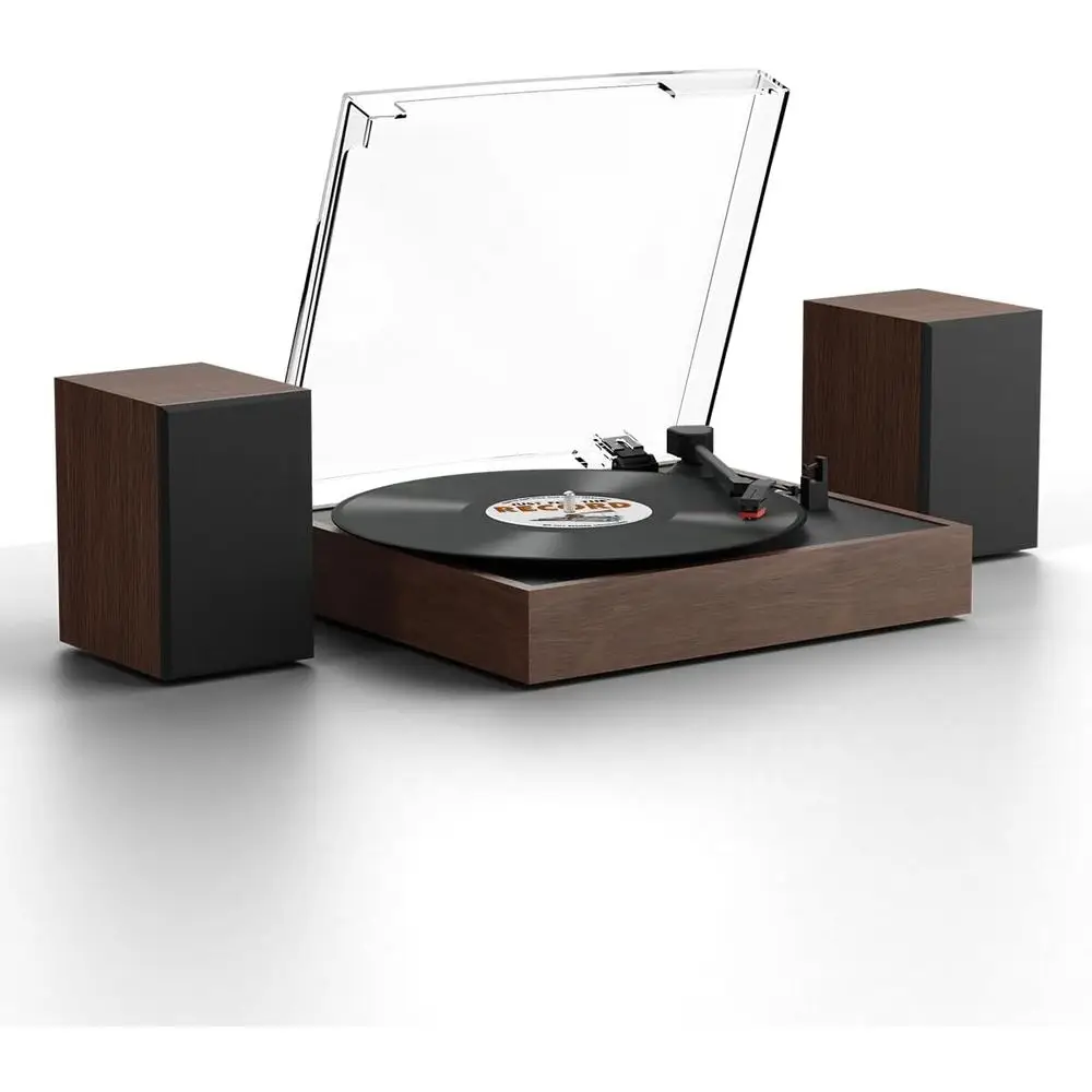 

Vintage 2-Speed Turntable with Wireless Stereo Speakers, RCA Output, Walnut Finish