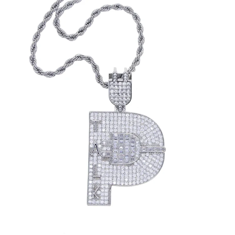 Collar con colgante de conversación con enchufe de letra P de dos tonos, Color dorado, Micro pavimentado, CZ, helado, joyería de Hip Hop para hombres y niños