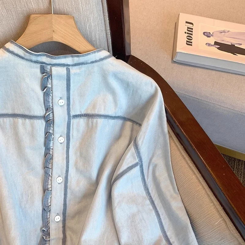 

Casual Loose Women's irt Faionable Splicing Design Ele Pleated Spring Autumn Top Warm Long Sve round Ne Pure Color