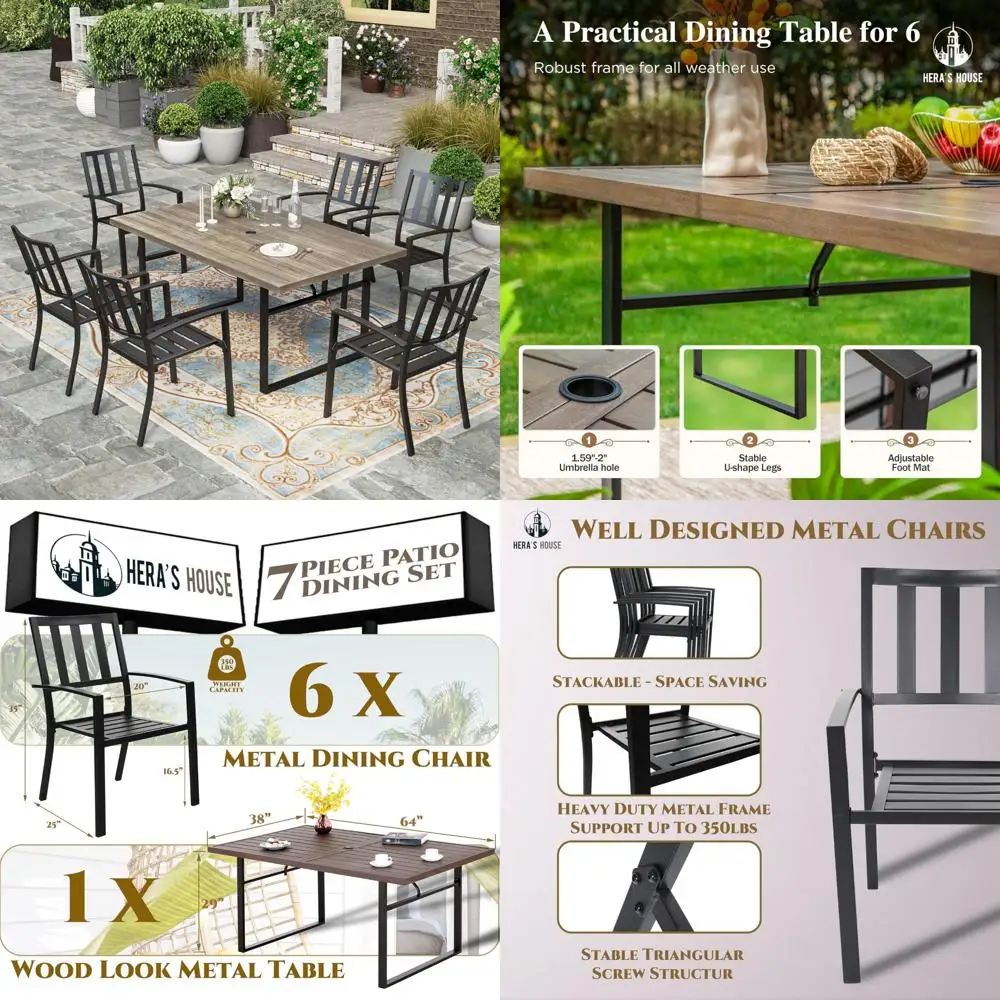 hera's house 7 pieces patio dining set, table and chairs set for 6, 6 x stackable metal chair, 1 x 64 outdoor metal dining table