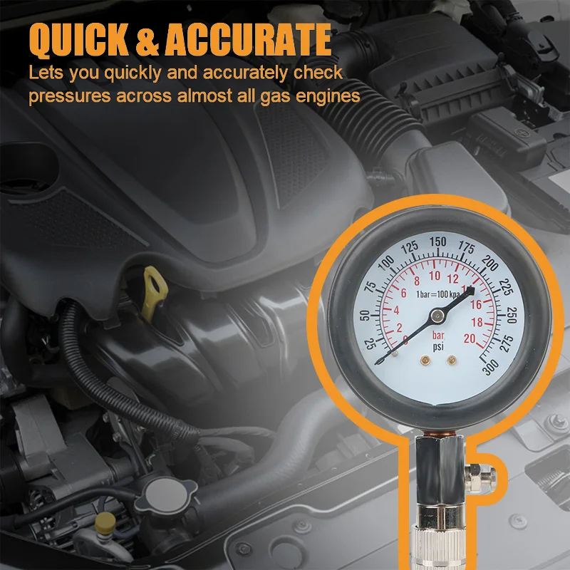 Kit profesional de probador de compresión de motor de gasolina, juego de herramientas de manómetro de cilindro de combustible de 0-300 PSI para motocicletas y coches