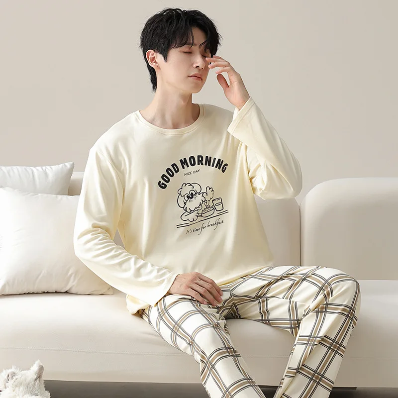 High Quality Pure Cotton Pajamas Suit Men Autumn Winter Long-sleeved Korean Version Sleepwear Male Cartoon Loose Loungewear Gent