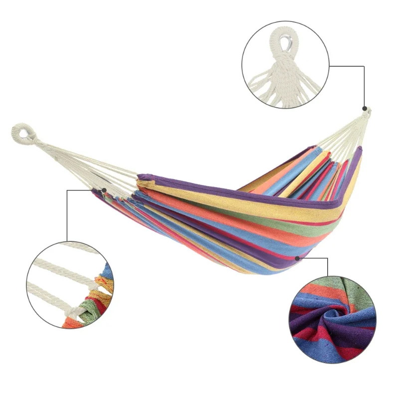 

Polyester Cotton Hammock, Small Color Strips, Natural Color Rope, 200*150CM, With Two 2M Tying Ropes + Back Bag