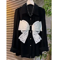 Vintage Black Loose Blouse Spring Autumn New Polo Neck Long Sleeve Solid Bow Patchwork Shirt Tops Fashion Elegant Women Clothing