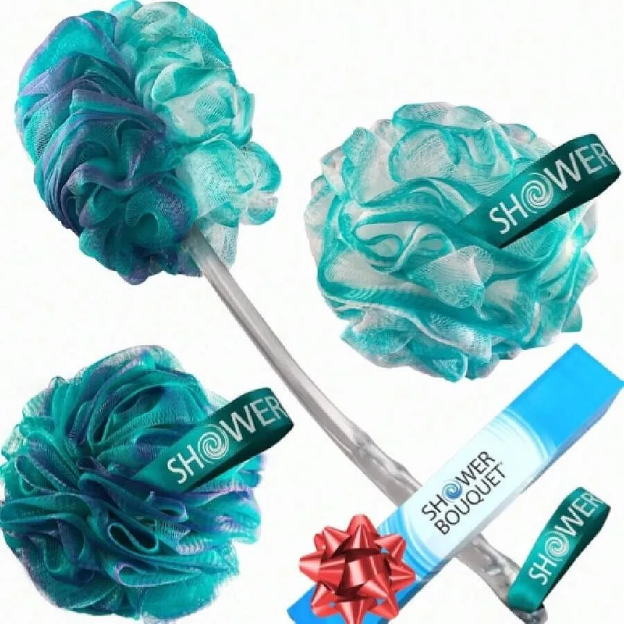 

【New style】2-Sided-Loofah-Back-Scrubber and Bath-Sponge Set// 1-Long-Handle-Back-Brush Plus 2-Extra-Large 75g Soft Mesh Poufs,