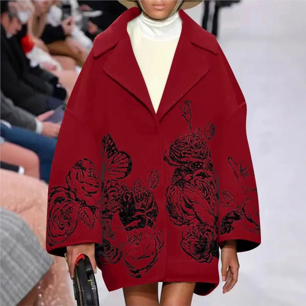 المرأة المطبوعة الصوفية فضفاضة النمط الأجنبي معطف الخريف الشتاء جديد التلبيب غير رسمي بأكمام طويلة الإناث الدافئة في الهواء الطلق معطف الصوف 2025