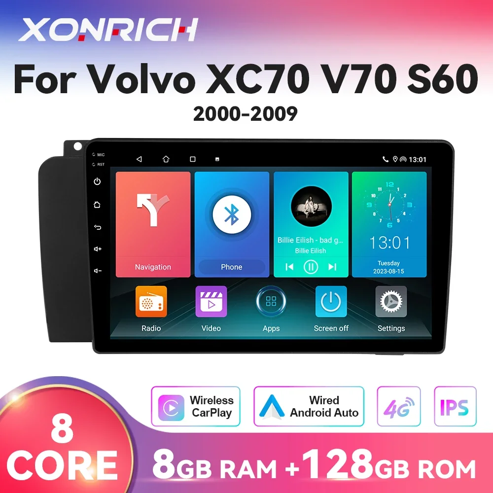 CarPlay Android 14 For Volvo XC70 V70 S60 2000 - 2009 Radio Head Unit Auto Multimedia Player Touch screen Navigation 128G Stereo