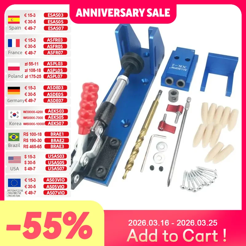 ALLSOME Wood Working Tool Pocket Hole Jig with Toggle Clamp and 9.5mm Drill Bit PH1 Screwdriver For Carpenter Hardware