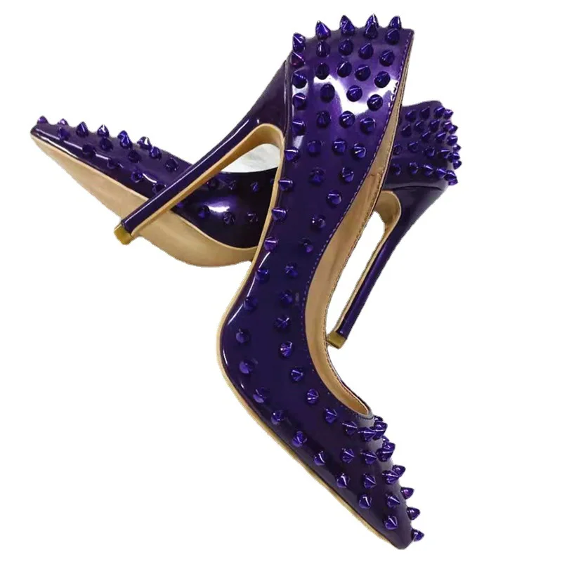 

Dark Purple Shiny Full Spikes Stud Stiletto Heels Pumps Metal Rivets High Heel Shallow Slip On Pointed Toe Woman Banquet Shoes