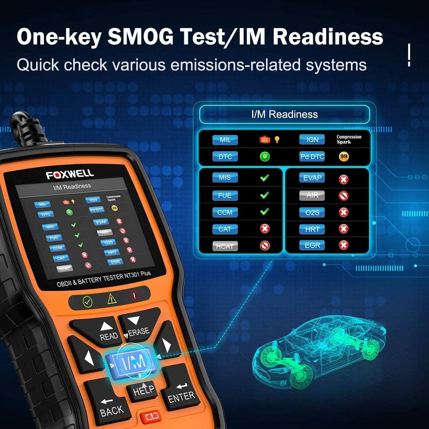 Foxwell NT301 Plus Car Engine OBD2 Scanner Diagnostic Code Reader Car Battery Tester 4 in 1 Check Engine Free Update