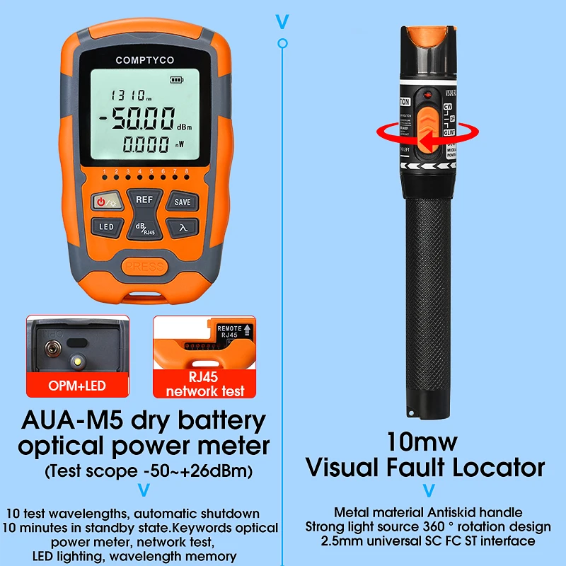 Imagem -04 - Kit de Ferramentas de Fibra Óptica Cleaver Com50 Mais + 26dbm -70+ 10dbm em Mini Medidor de Potência Óptica 10mw Localizador Visual de Falhas Aua7s