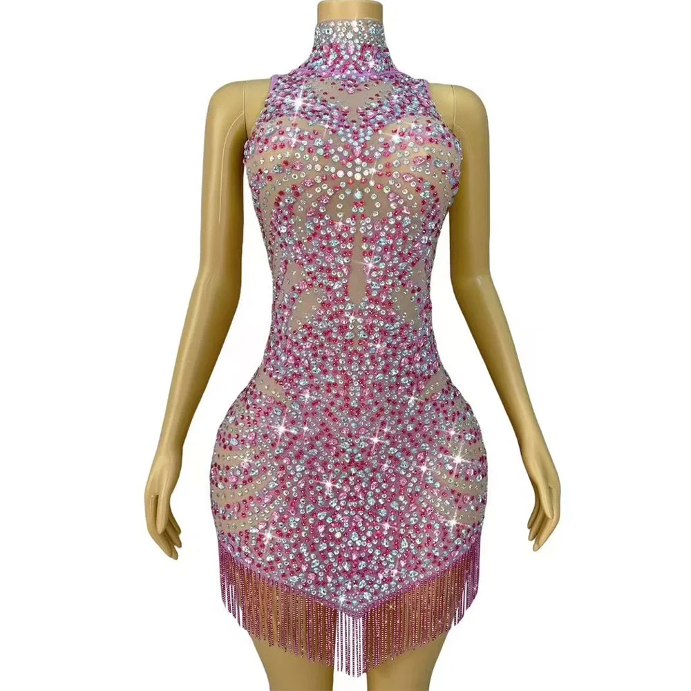 Sexy Stage Sparkly Rhinestones Chains Pink Mesh Short Dress Women Nightclub Evening Party Singer Dancer Performance Host Costume