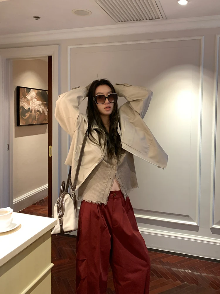 Gakee Official Women's ort PU Leather Jaet Autumn New Faionable Simple Design High Quali Beige Color Ciwalk Sle