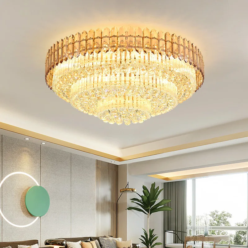 Luz de teto de cristal dourado para decoração doméstica, luxo nórdico para hotel e villa, luxuoso teto lâmpada, 2024