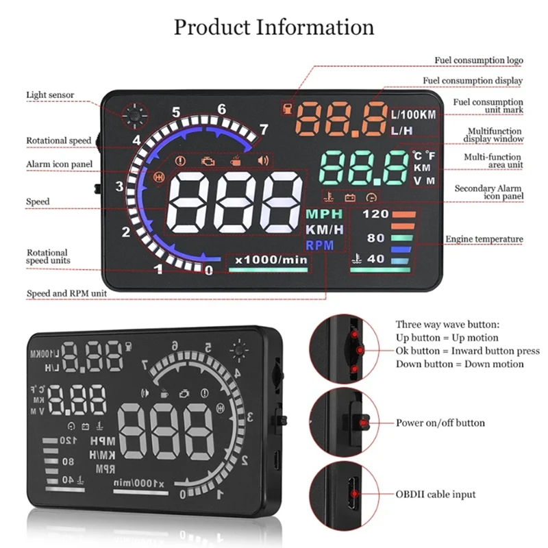 AD 5.5Inch OBD2 HUD Car Head Up Display Black ABS Automotive Supplies Windshield Speed With Speeding Water Temp RPM Alarm