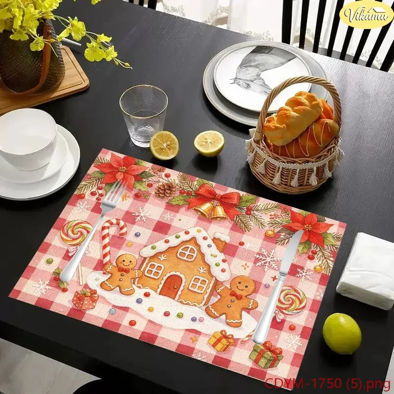 VIKAMA Christmas Placemats Orange Peach Gingerbread House Candy Cane Washable Dining Mat Winter Holiday Kitchen Party Decor