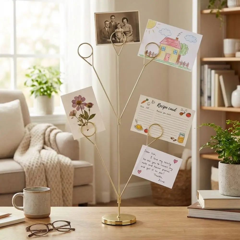Desk Organizer 5-Branch Photo Holder Round Base Picture Holder Memo Clip Stand Vertical Romantic Display Stand Office Desk