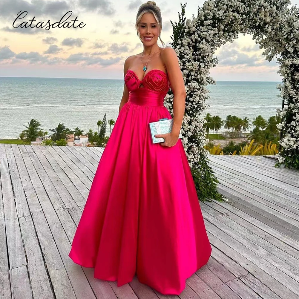 Catasdate Fuchsia Evening Party Dress Flowers A Line Prom Party Gown for Women Strapless Chirstmas Party Wear New Year Dress