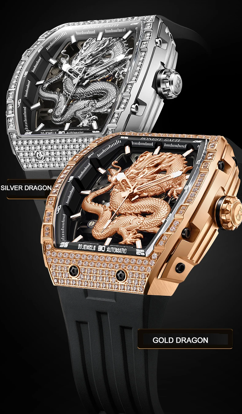 BONEST GATTI Men Automatic Watch 43*50mm Tonneau Mechanical Wristwatch Sapphire Luminous Dragon Dial Fluororubber Strap