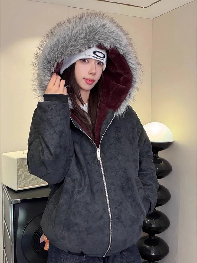 

American Sle Hooded Men's Winter Jaet Fce Lined Warm Cotton Coat Retro Fur Collar PU Leather Jaet Thiened Long Sve