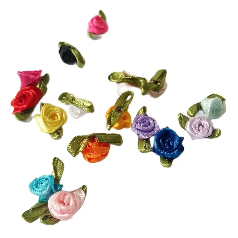 50/100pcs 2cm Children clothes Ribbon Rosettes Mixed Rose with Green Leaf for Craft Garment Accessories Scrapbooking Products