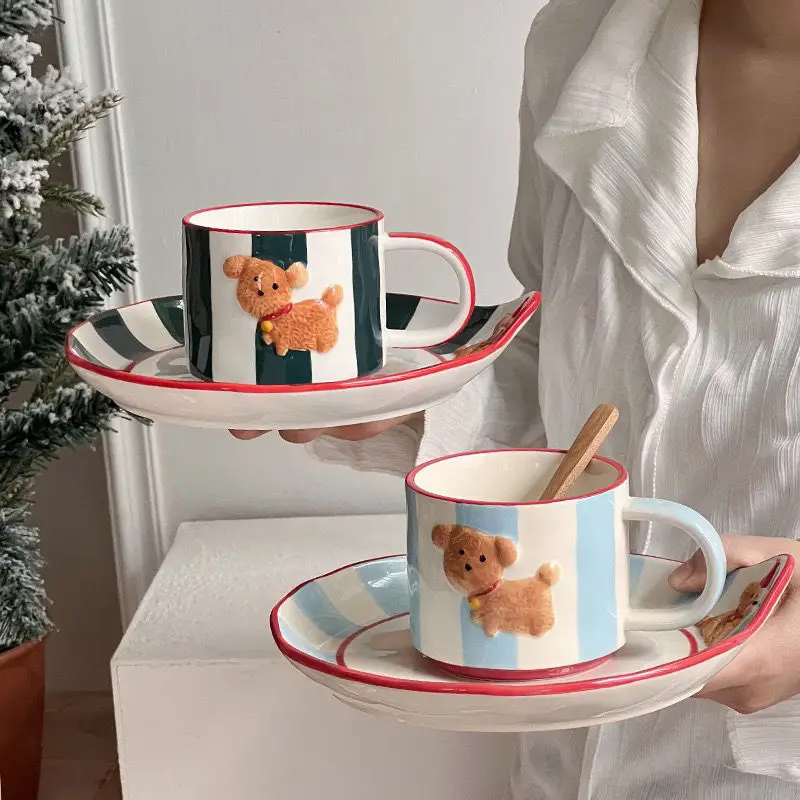 Korean Design Cute Hand-painted Dog Ceramic Coffee Cup Afternoon Tea Tableware Set High Aesthetic Value Mug Water Cups