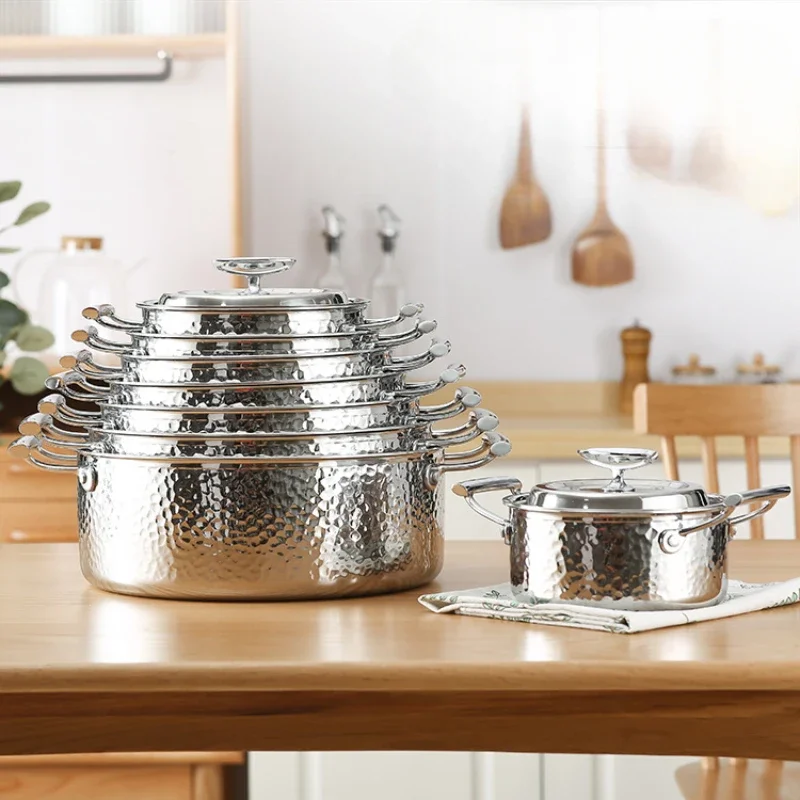 

304 Stainless Steel Japanese Style Soup Pot Thickened Double Ear Milk Pot Light Luxury Hammer Patterned Hot Pot with Lid
