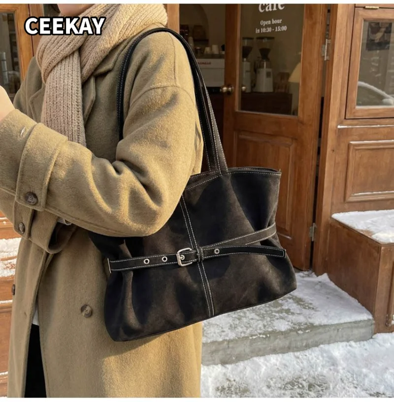 

CEEKAY Women's Tote Bag Black Suede Texture Large Shoulder Handbag Belt Buckle Stitching Detail Daily Commute Casual Minimalist
