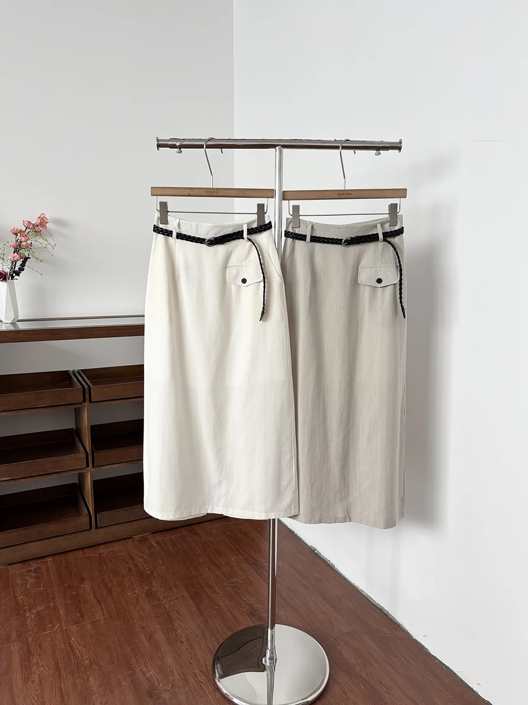 Slim Fit Mid-Length A-Line Skirt with Belt Straight Cut Workwear Skirt for Women High Waist Polyester Fiber Summer Season