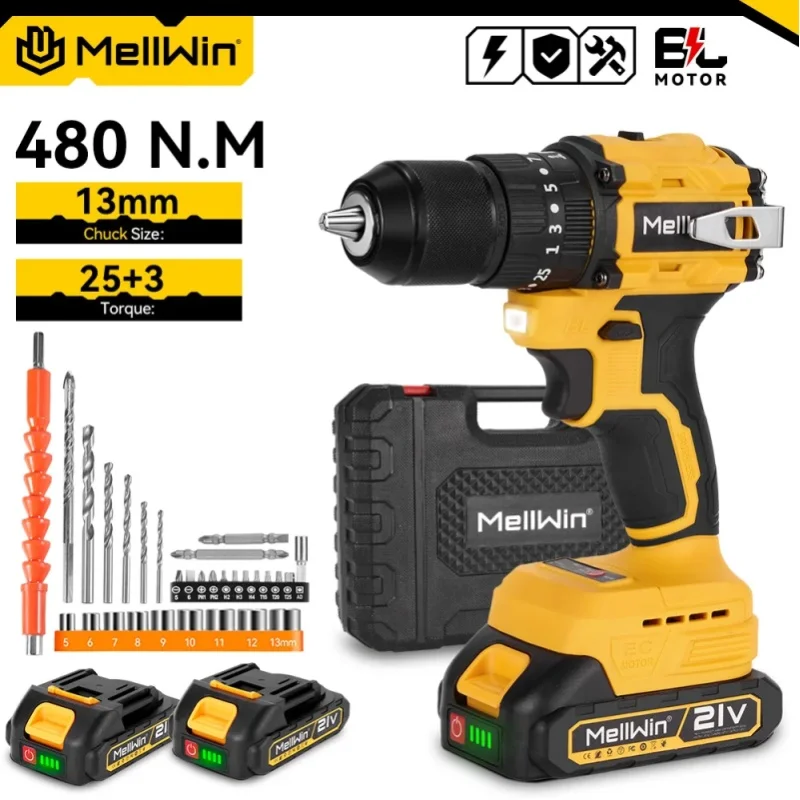 MELLWIN Bürstenloser 480N.M Elektro-Schlagbohrschrauber 3-in-1 Multifunktions-Akku-Handbohrmaschine Schraubendreher Elektrowerkzeug für Makita 18V Akku