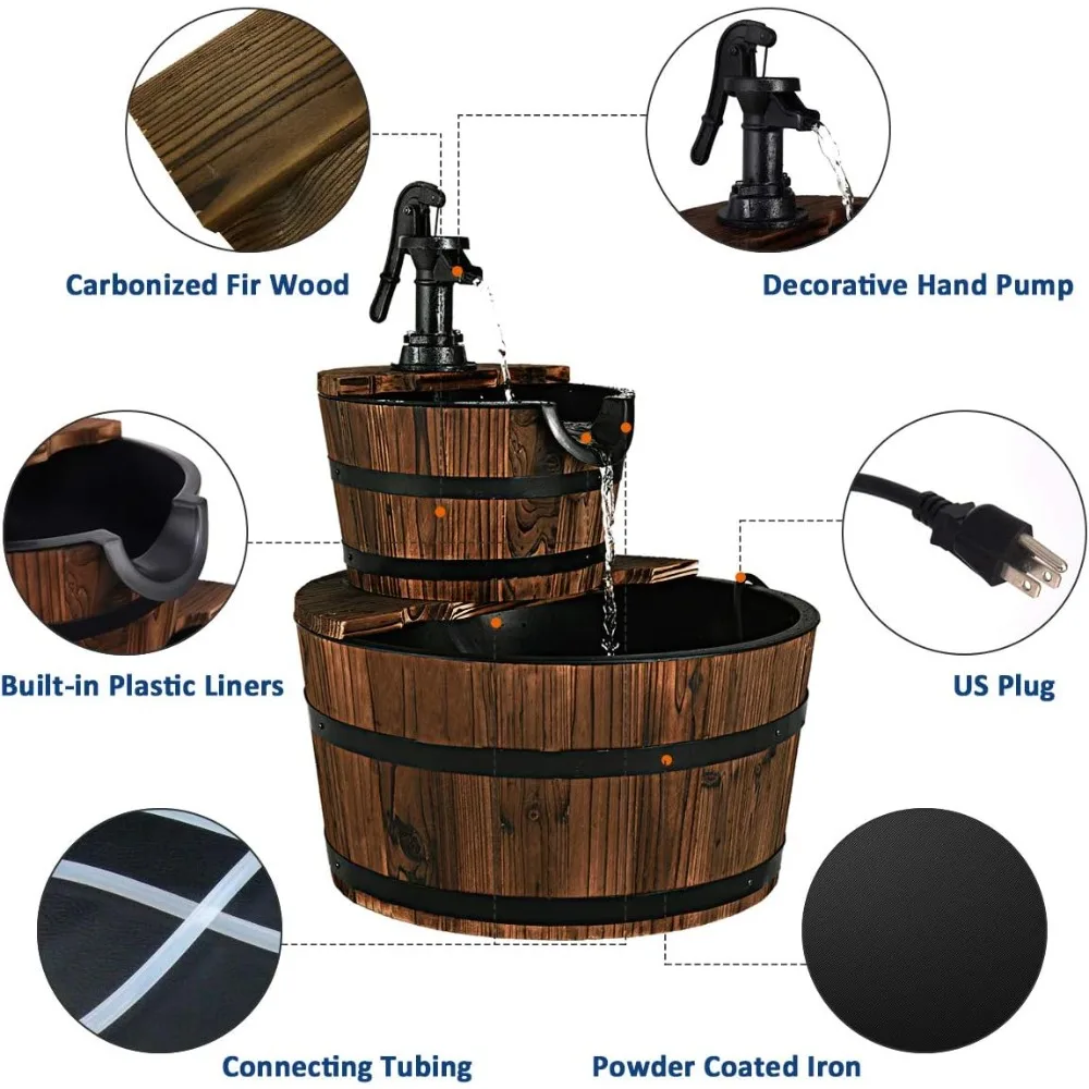 2-Tier Barrel Waterfall Fountain, Rustic Wood Barrel Cascading with Electric Decorative Hand Pump, Outdoor Water Feature for