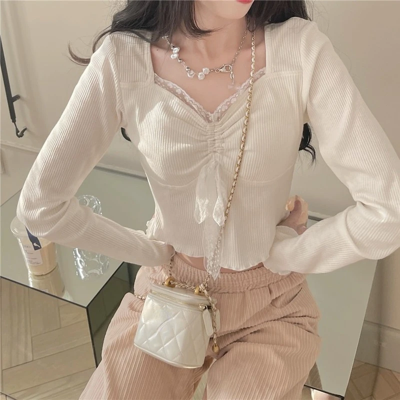 Autumn White Kawaii Lolita Female Blouse Lace Japanese Sweet Long Slevee Tops Women Knitted Casual Korean Designer Clothing 2021