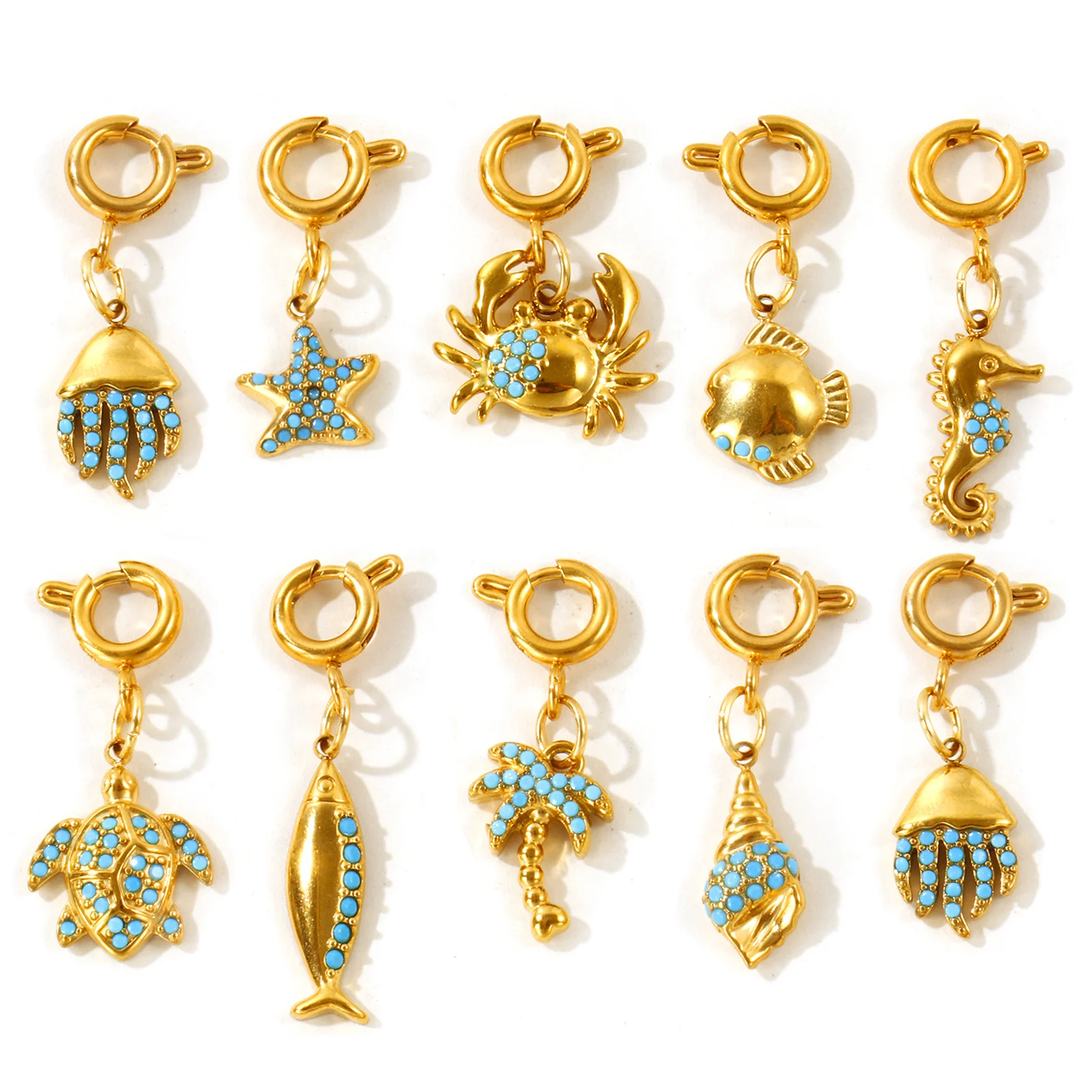 1pc Stainless Steel Ocean Fish Crabs Jewelry Charms 18K Gold Plated Micro Pave Blue Rhinestone Pendant For Bikini Women Jewelry